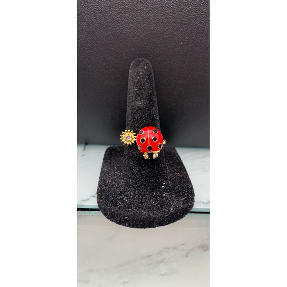 Gold Tone And Enamel Open Ladybug Fidget Spinner Ring Size 6.75